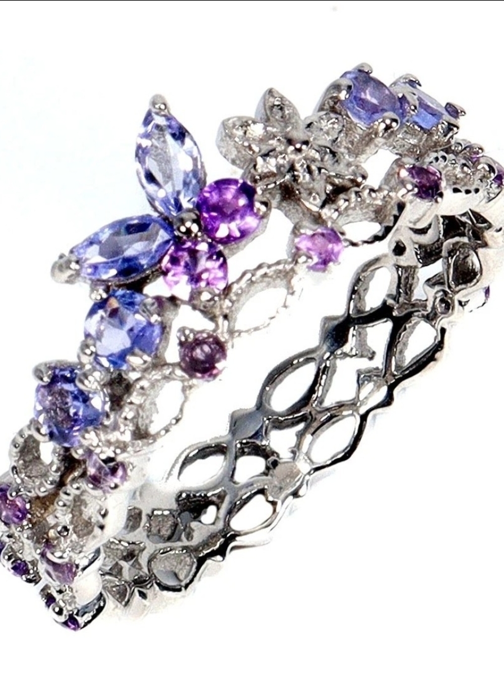 Butterfly Floral Tanzanite & Amethyst Faceted Gemstone Ring Size 7